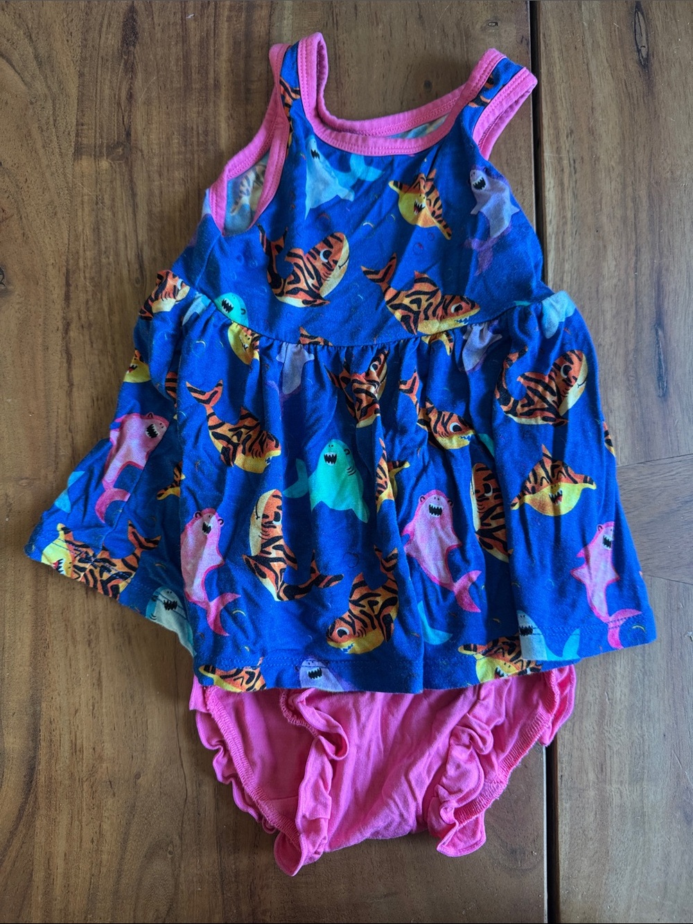 Birdie Bean Shark Print Top & Bloomer Set in Blue and Pink